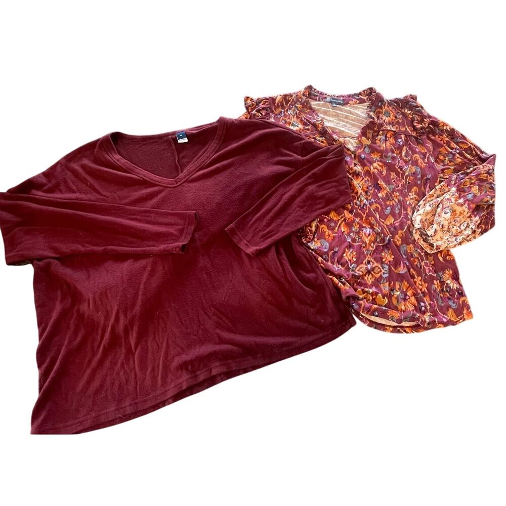 Blouse W M Lot of 2 Floral V-Neck Button Front Long Sleeve Ruffle Rayon Blend